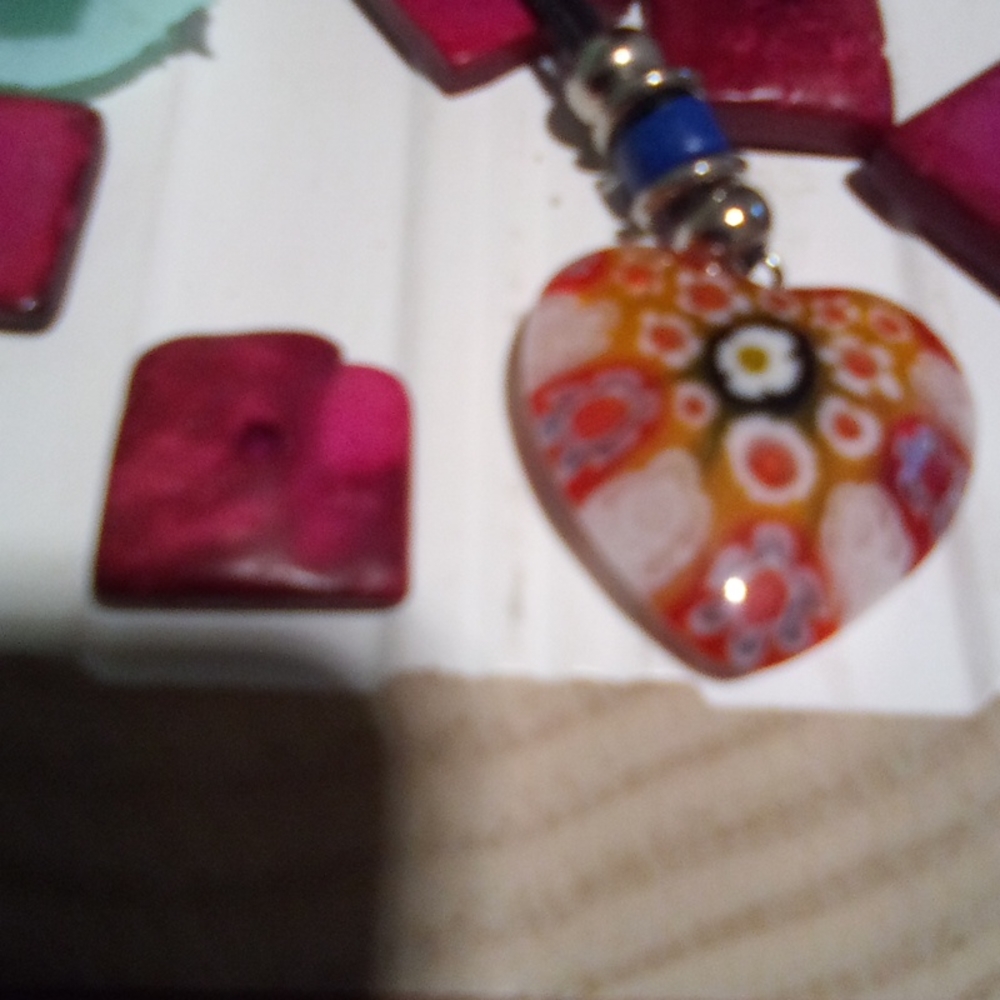 Vintage Floral Heart Glass Pendant on Slip Knot Cord - Picture 7 of 15